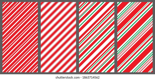 Candy cane pattern set. Collection of diagonal christmas backgrounds. Red, white and green stripes seamless wrapping paper. Holiday backdrop in classic style.