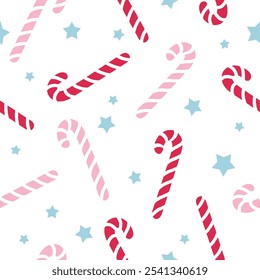 Candy cane pattern with stars on a white background. Christmas holiday seamless design. Design for wallpaper, textile, wrapping paper, and greeting card.