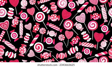 Candy cane pattern. Valentine's day background. Many types christmas treats on black background. Valentines day lollipop. Striped candies on dark backdrop. Tasty, hand drawn delicious holiday print.