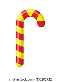 Candy cane. Peppermint Christmas . Festive sweet candy. Sweets Striped stick. Childrens treats for holidays. Yellow Dessert treats with red stripe. Traditional new year food