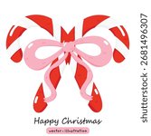 Candy Cane with Pink Bow – Cute Hand-Drawn Christmas Clipart for Holiday and Winter Designs Vector illustration