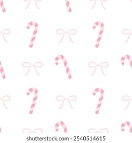 Candy cane, pink bows. Vector seamless pattern on white background in pastel colors. Cute flat illustration for Christmas