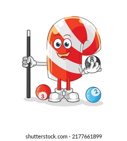the candy cane plays billiard character. cartoon mascot vector