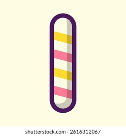 A candy cane with a purple stripe and yellow stripe is shown in the shape of the letter "I"