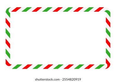 Candy cane rectangle frame. Christmas ribbon with red, green and white stripes. Greeting card with New Year or Christmas decorating border. Vector illustration