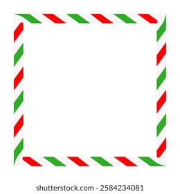 Candy cane rectangle frame. Christmas ribbon with red, green and white stripes. Greeting card with New Year or Christmas decorating border. Vector illustration