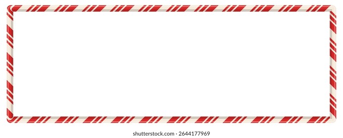 Candy cane rectangular frame with red striped pattern. Spiral ribbon shape forms holiday border for banner, card, or photo. Seamless cartoon element in winter theme. Vector illustration.