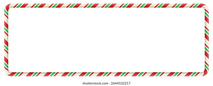 Candy cane rectangular frame with red and green striped pattern. 3D ribbon shape creates festive border for card, photo, or banner. Seamless holiday element with spiral lines. Vector illustration.