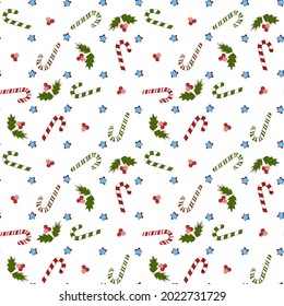 candy cane, red berries and green leaves Christmas theme seamless pattern on white background