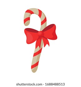 Candy Cane with Red Bow, Christmas and New Year Symbol, Traditional Holiday Decoration Vector Illustration