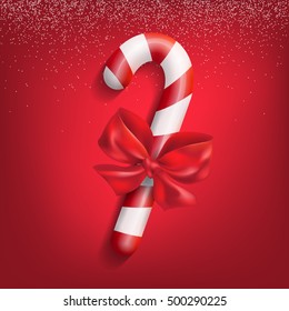 Candy cane with red bow and falling snow. Christmas Holiday. Vector illustration.
