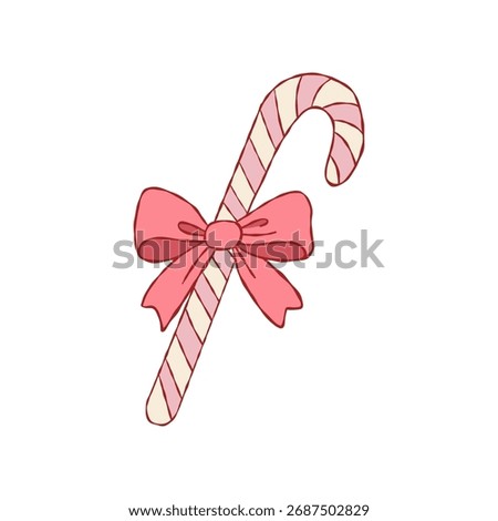 Candy cane with red bow in pastel coquette Christmas style