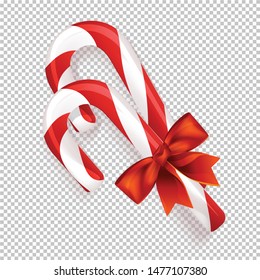 Candy cane with red bow realistic design. Isolated gift bow with ribbons with shadow