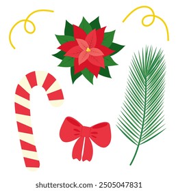 Bastón de caramelo, arco rojo, pino de ramita, poinsettia y Navidades serpentinas conjunto Elementos decorativos aislados