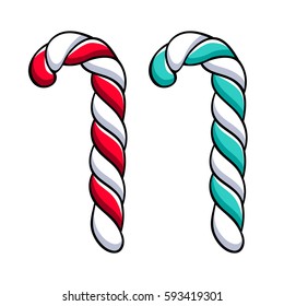 Candy cane with red, green and white stripes. Christmas sweet treat. Hand drawn doodle sketch.