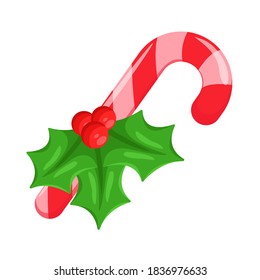 Candy cane with red holly fruit Christmas symbols
