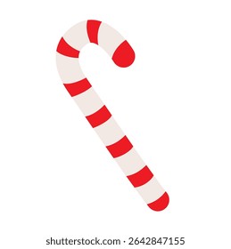 Candy cane with red and white stripes, a festive peppermint treat perfect for Christmas. Curved stick design symbolizes holiday celebration and sweet traditions. Isolated on white background.
