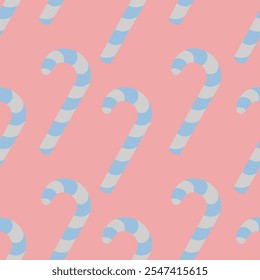 Candy cane. Repeating vector pattern. Seamless Christmas ornament of striped white and blue lollipops. Isolated pink background. Flat style. Idea for web design.