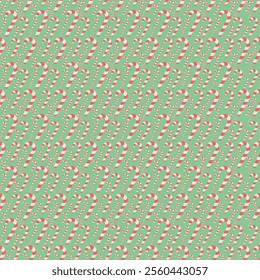 Candy cane. Repeating vector pattern. Seamless Christmas ornament of striped red and white lollipops. Isolated green background. Flat style. Idea for web design.