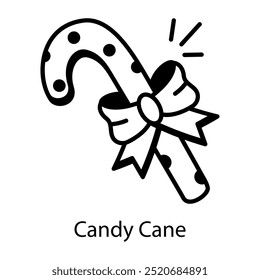Candy cane with ribbon bow, doodle icon 