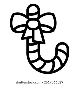 Candy cane with ribbon bow line icon, christmas concept. Vector graphics. Lollipop candy sign on white background, style mobile or design