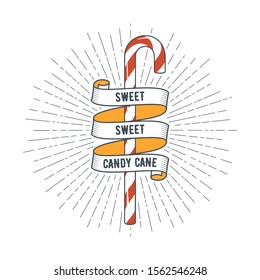 Candy cane and ribbon concept. Sweet, sweet candy cane sign. Realistic vector illustration