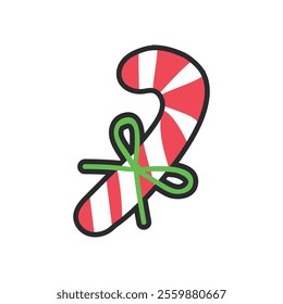 candy cane with ribbon in outline 
flat vector design.