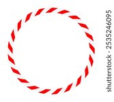 Candy cane round frame. Christmas ribbon with red and white stripe. Greeting card with New Year or Christmas decorating border. Vector illustration