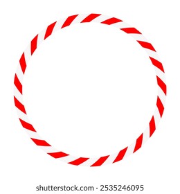 Candy cane round frame. Christmas ribbon with red and white stripe. Greeting card with New Year or Christmas decorating border. Vector illustration