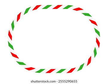 Candy cane round frame. Christmas ribbon with red, green and white stripes. Greeting card with New Year or Christmas decorating border. Vector illustration