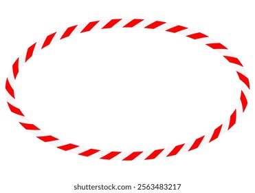 Candy cane round frame. Christmas ribbon with red and white stripes. Greeting card with New Year or Christmas decorating border. Vector illustration