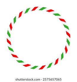 Candy cane round frame. Christmas ribbon with red, green and white stripes. Greeting card with New Year or Christmas decorating border. Vector illustration