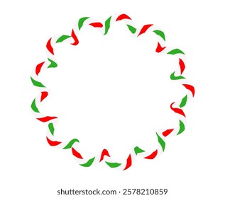 Candy cane round frame. Christmas ribbon with red, green and white stripes. Greeting card with New Year or Christmas decorating border. Vector illustration