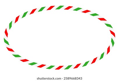 Candy cane round frame. Christmas ribbon with red, green and white stripes. Greeting card with New Year or Christmas decorating border. Vector illustration