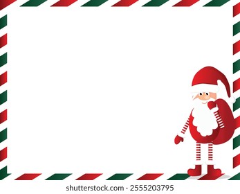 Candy cane with Santa Claus frame christmas. Xmas striped border with copyspace. Rectangle background for banner, envelope or christmas card. Vector, holiday wallpaper illustration.