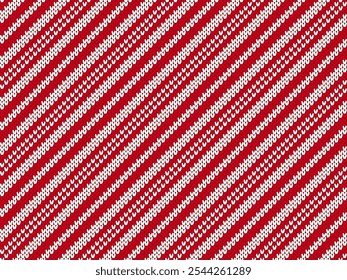 Candy cane seamless knit print with diagonal lines. Wrapping knitted pattern. Christmas striped background. Cute caramel package backdrop. Xmas holiday geometric sweater texture. Vector illustration.