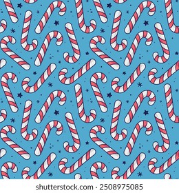 Candy cane seamless pattern. Caramel stick, lollipop illustration in doodle style. Christmas decoration