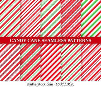 Candy cane seamless pattern. Christmas striped background. Vector. Red green peppermint wrapping texture. Xmas holiday diagonal stripes. Set of cute caramel package prints. Geometric illustration.