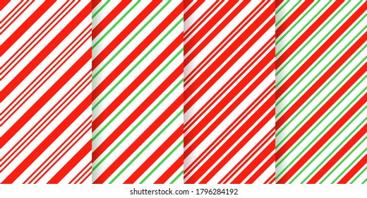 Candy cane seamless pattern. Christmas striped background. Vector. Red green peppermint wrapping texture. Xmas holiday diagonal stripes. Set of cute caramel package prints. Geometric illustration.