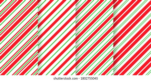 Candy cane seamless pattern. Christmas striped background. Vector. Red green peppermint wrapping texture. Xmas holiday diagonal stripes. Set of cute caramel package prints. Geometric illustration.