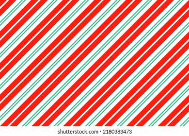 Candy cane seamless pattern. Christmas striped red green background. Caramel package print. Xmas holiday diagonal lines. Peppermint wrapping texture. Abstract geometric wallpaper. Vector illustration.