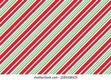 Candy cane seamless pattern. Christmas striped background. Xmas holiday diagonal stripes. Cute caramel package print. Red green white wrapping texture. Vector geometric illustration.