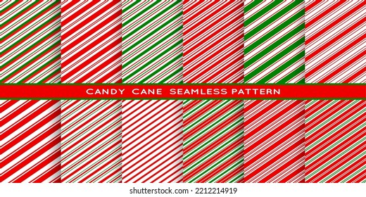 Candy cane seamless pattern. Christmas celebration background, winter holidays fabric print. Xmas gift wrapping paper seamless patterns, pepermint cane candies striped red and green backdrops set