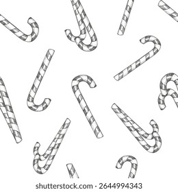 Candy cane seamless pattern. Christmas graphics illustration. Vector. Hand drawn lollipop sweetness. Perfect for wrapping paper, packaging, New Year's textile, gift box, web design.