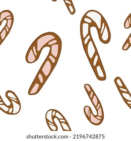  Candy cane seamless pattern isolated on white background. White and pink hand drawn christmas cookies Vector illustration in flat cartoon style 