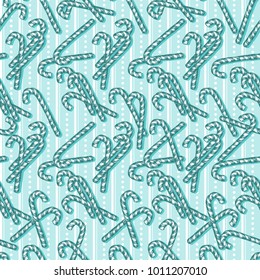 Candy Cane Seamless Pattern. Sketch Christmas Candies On Blue Background Doodle Vintage Vector Illustration. Winter Holidays Decoration With Traditional Sweets Ornament