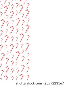 Candy cane. Seamless vertical border. Striped red and white lollipop. Repeating vector pattern. Isolated colorless background. Flat style. Idea for web design.