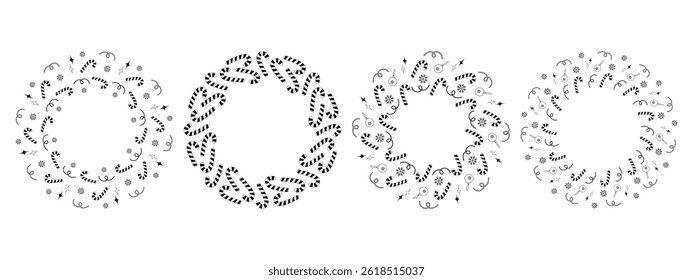 Candy Cane Serpentine Decorative stars Christmas balls Frame Holiday Wreath Copy space Template idea