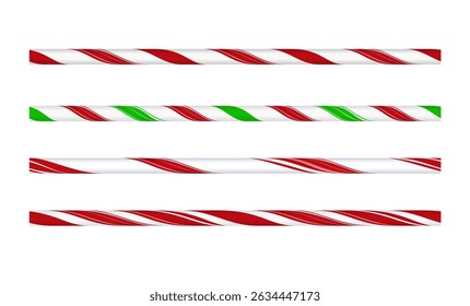 Candy cane. Set of decorative seamless lines in red, white, green stripes. Templates for festive framing and design. Christmas element. Cartoon style. Vector illustration. Isolated background.