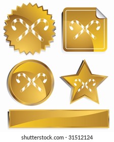 Candy Cane Set : Gold satin metal buttons in star, starburst, circle and sticker, label shapes.